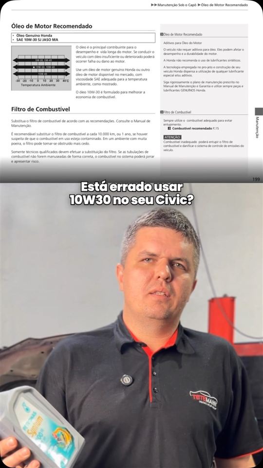 Vídeo: está errado usar óleo 10W30 no seu Civic? Manual do proprietário Honda